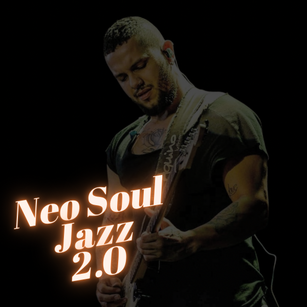Guitarrista tocando acordes Neo Soul Jazz em estúdio com iluminação quente e ambiente de vinis vintage.