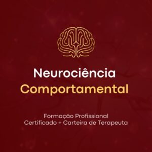 Ilustração de um cérebro com áreas iluminadas, símbolos de terapia e aprendizagem, e os nomes dos professores Francisco Miguel Kessler e Ana Esteves, representando o curso de Neurociência Comportamental do Instituto Saber Consciente.