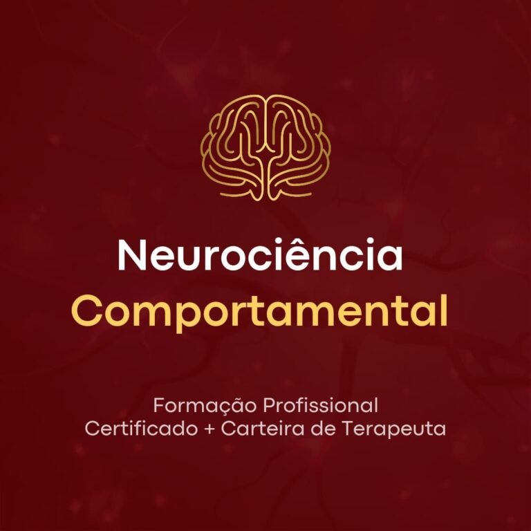 Ilustração de um cérebro com áreas iluminadas, símbolos de terapia e aprendizagem, e os nomes dos professores Francisco Miguel Kessler e Ana Esteves, representando o curso de Neurociência Comportamental do Instituto Saber Consciente.