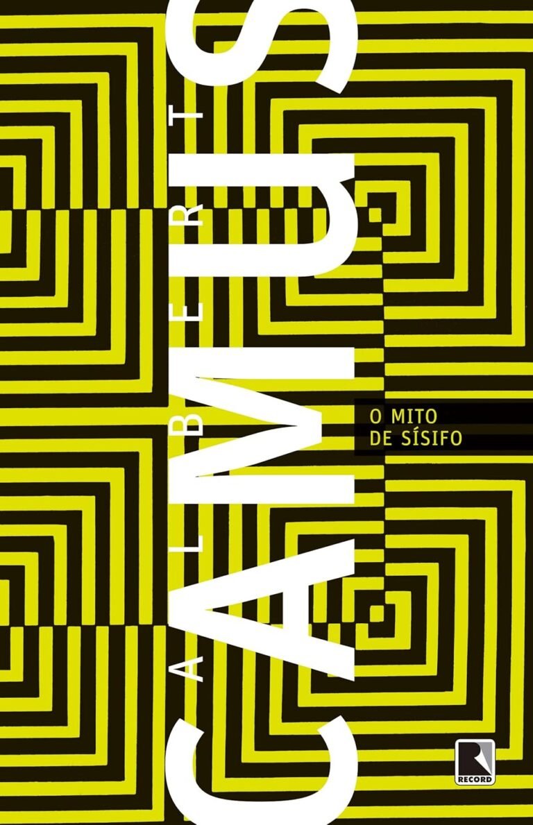 Capa do livro O Mito de Sísifo de Albert Camus com o mito de Sísifo empurrando pedra e rocha, representando o absurdo da existência humana