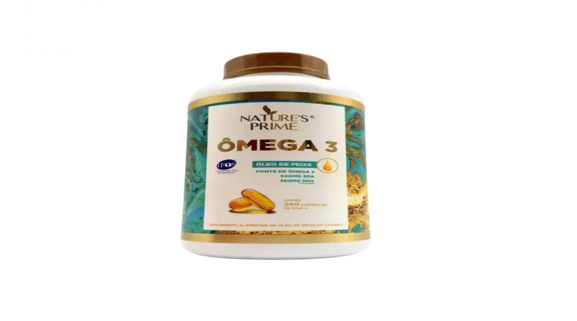Cápsulas de Ômega 3 Nature's Prime sendo tomadas para melhorar a saúde cardiovascular e mental