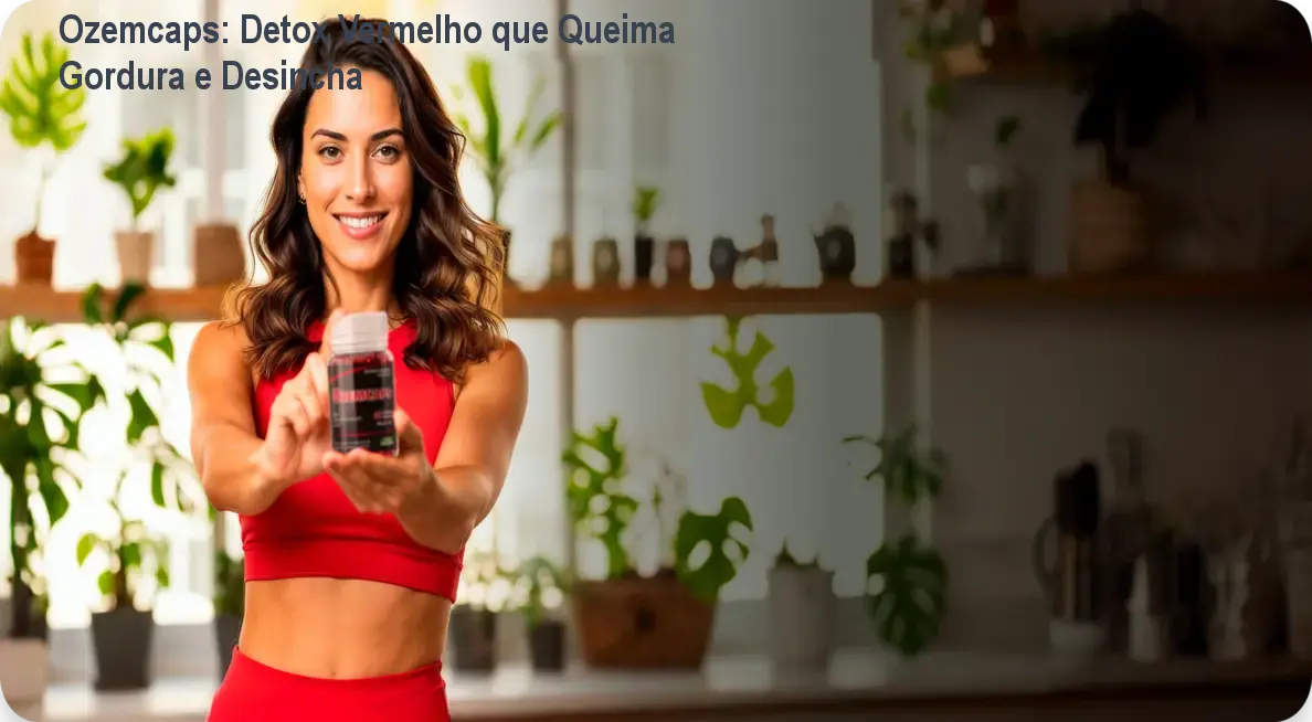 Frasco de Ozemcaps na cozinha, mostrando cápsulas vermelhas que ajudam a queimar gordura e reduzir o inchaço abdominal