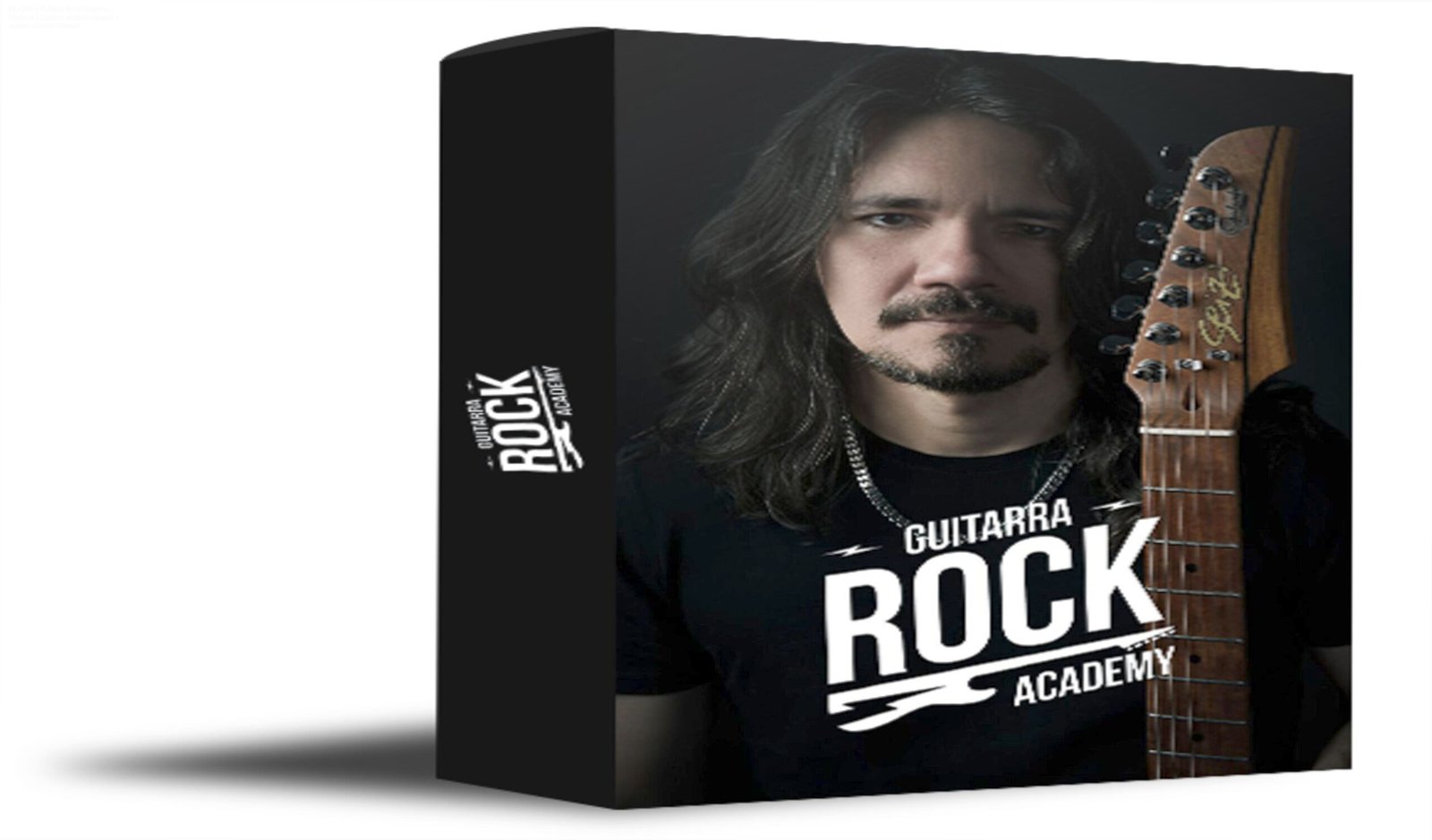 Imagem promocional do curso Ozielzinho Guitarra Rock Academy mostrando guitarrista em ação e destaque para método simples e acesso vitalício