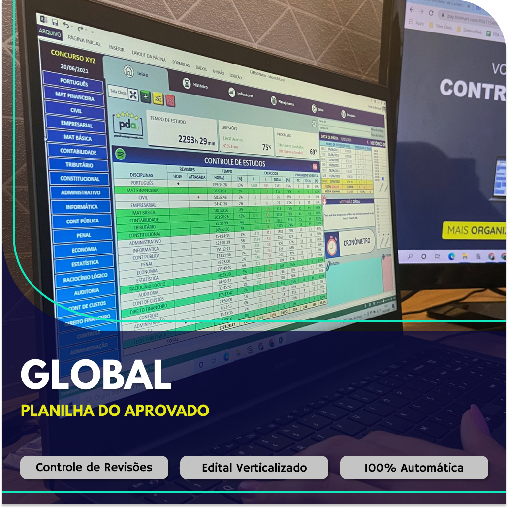 planilha de estudos em Excel com automação VBA, gráficos de desempenho e dashboard de metas para concursos