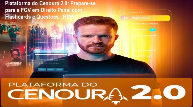 Imagem da Plataforma do Cenoura 2.0 mostrando flashcards, mapa mental e banco de questões para estudo de Direito Penal