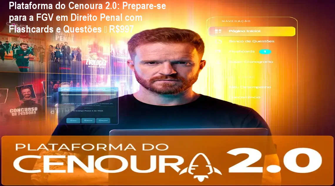 Imagem da Plataforma do Cenoura 2.0 mostrando flashcards, mapa mental e banco de questões para estudo de Direito Penal