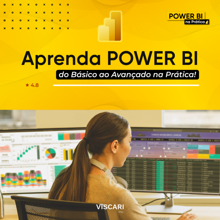 Dashboard interativo criado no Power BI, exibindo gráficos coloridos, mapa e cartões de KPI, representando o curso POWER BI Expert na Prática 2026.