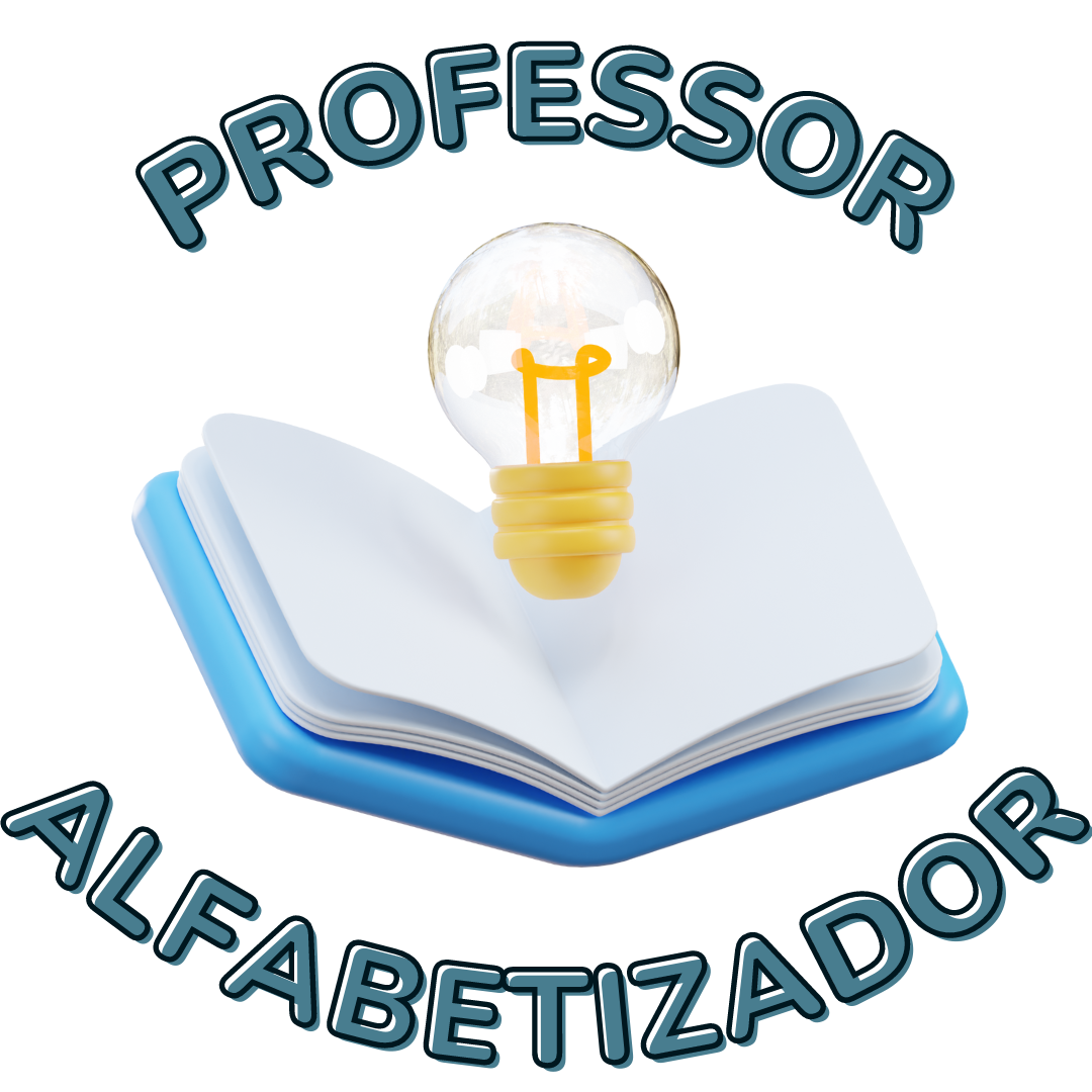 Professora orientando crianças em atividade lúdica de alfabetização com jogos de letras e blocos coloridos.