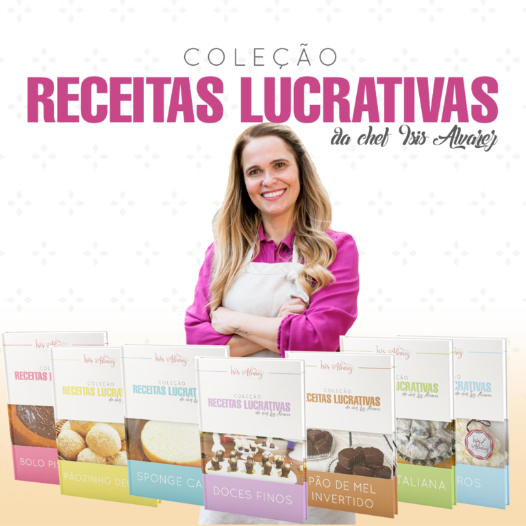 Receitas lucrativas de confeitaria com apostilas digitais e suporte da Chef Ísis Alvarez