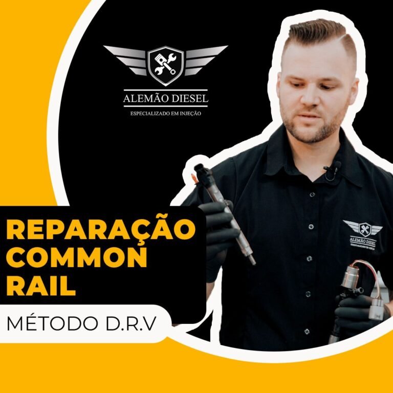 Curso Reparação Common Rail método D.R.V – mecânico ajustando injetor diesel em bancada com ferramentas de medida