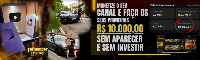 Tio San, influencer do método Legacy, em estúdio moderno com logo do YouTube e moedas douradas ao fundo.