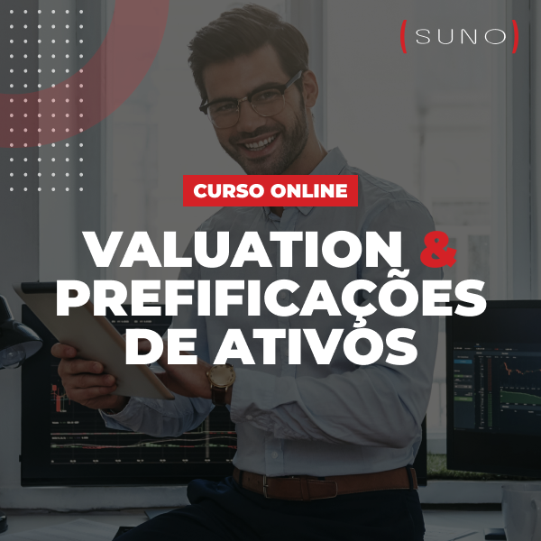 Investidor brasileiro analisando valuation em laptop, com planilha DCF, quadro branco e livros de finanças ao fundo.