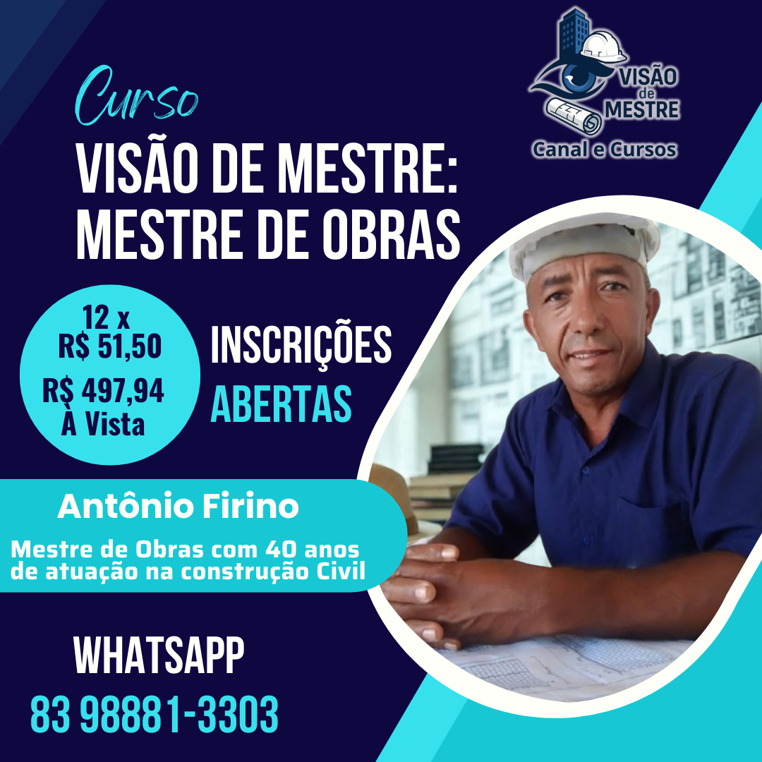 Imagem promocional do curso Visão de Mestre de Antônio Firino mostrando mestre de obras lendo planta e comandando equipe