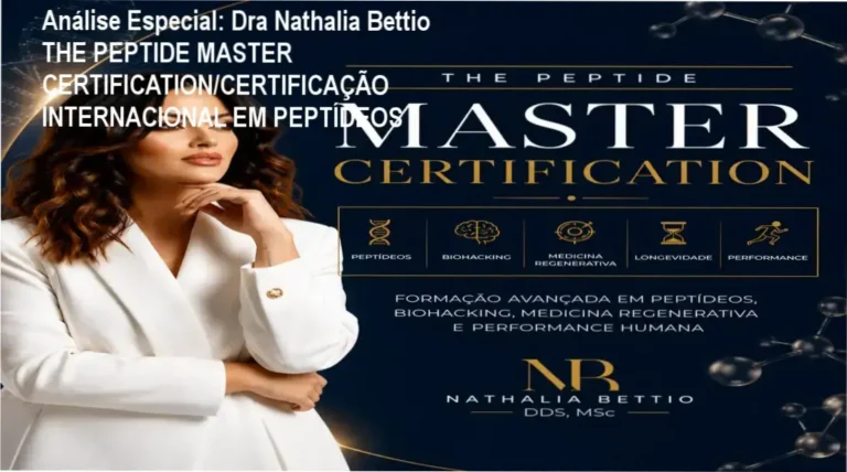 Capa informativa sobre o tema Dra Nathalia Bettio THE PEPTIDE MASTER CERTIFICATION/CERTIFICAÇÃO INTERNACIONAL EM PEPTÍDEOS