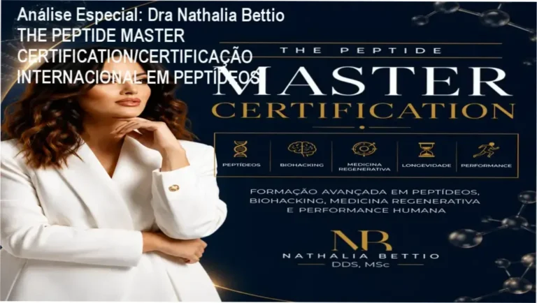 Capa informativa sobre o tema Dra Nathalia Bettio THE PEPTIDE MASTER CERTIFICATION/CERTIFICAÇÃO INTERNACIONAL EM PEPTÍDEOS