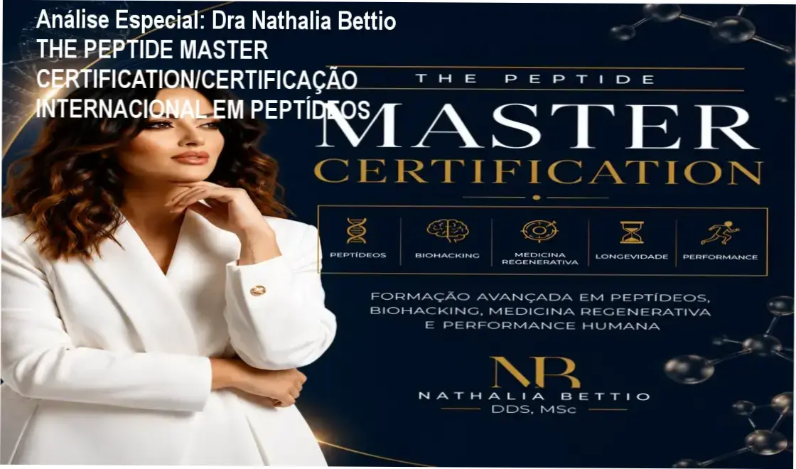 Capa informativa sobre o tema Dra Nathalia Bettio THE PEPTIDE MASTER CERTIFICATION/CERTIFICAÇÃO INTERNACIONAL EM PEPTÍDEOS