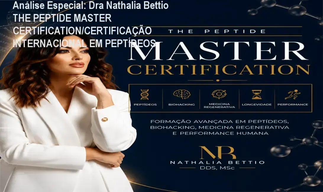 Capa informativa sobre o tema Dra Nathalia Bettio THE PEPTIDE MASTER CERTIFICATION/CERTIFICAÇÃO INTERNACIONAL EM PEPTÍDEOS