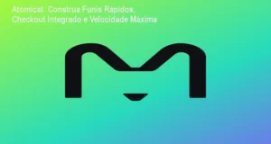 Tela da plataforma Atomicat mostrando builder drag-and-drop, checkout integrado e analytics