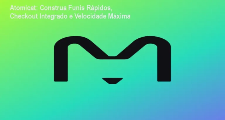 Tela da plataforma Atomicat mostrando builder drag-and-drop, checkout integrado e analytics