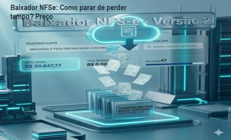 Tela do Baixador NFSe mostrando download automático de XML e PDF de notas fiscais eletrônicas