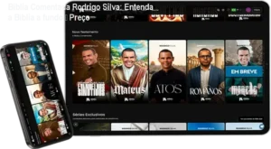 Tela do app da Bíblia Comentada Rodrigo Silva mostrando recursos de IA para estudo exegético