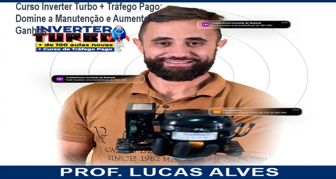 Plataforma do curso Inverter Turbo mostrando aulas práticas de manutenção em refrigeradores e estratégias de marketing digital