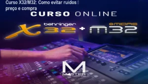 Tela do curso online mostrando a mesa digital Behringer X32 em operação profissional