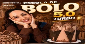 Imagem promocional da Escola de Bolos 5.0 Turbo mostrando bolos decorados e a instrutora Marrara Bortoloti