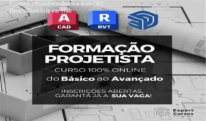 Capa do curso Formação Projetista mostrando AutoCAD, Revit e SketchUp
