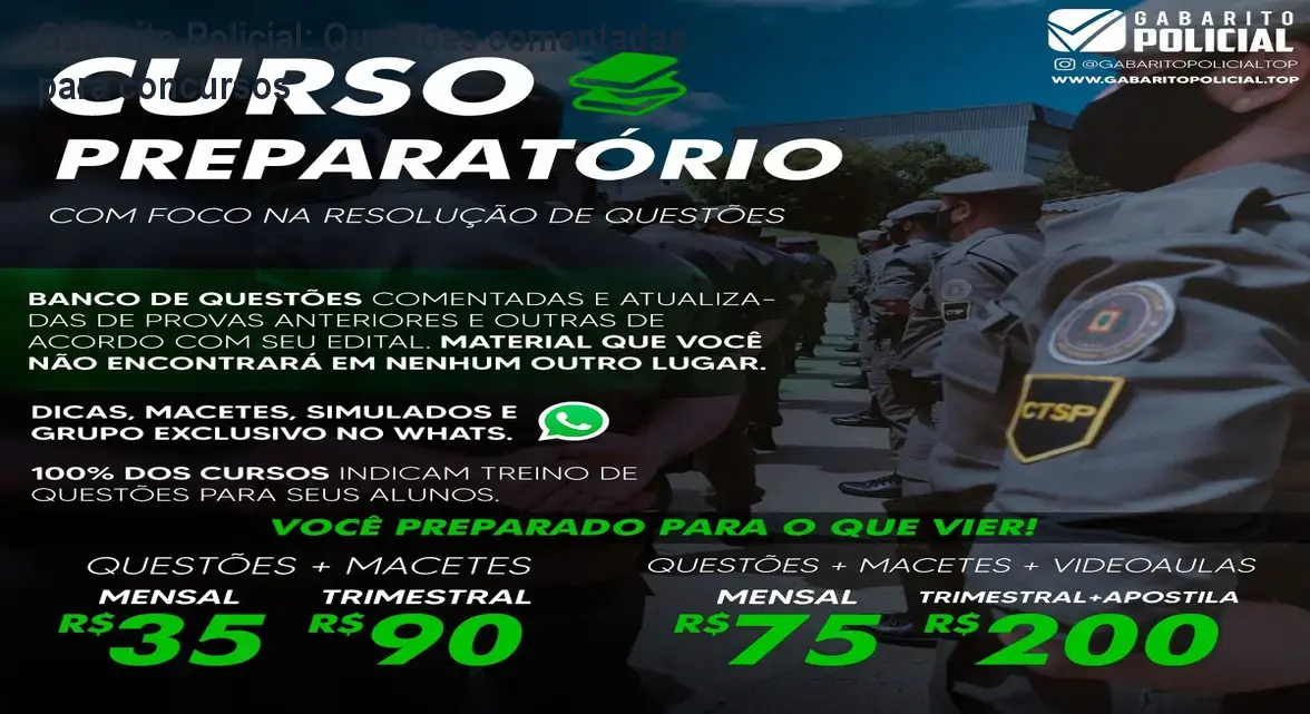 Tela da plataforma Gabarito Policial mostrando questões comentadas e simulados