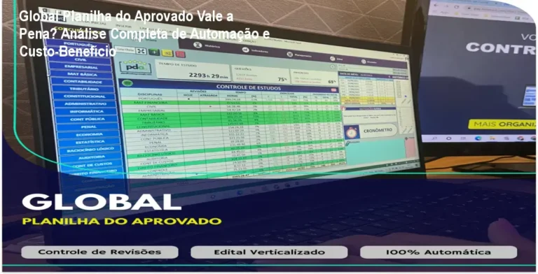 Interface da Global Planilha do Aprovado aberta no Excel mostrando gráfico de desempenho e ciclo de estudos