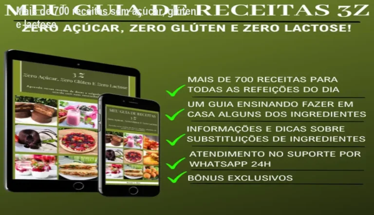 Capa do Guia de Receitas 3Z mostrando variedade de pratos sem açúcar, glúten e lactose para dietas restritivas