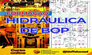 Imagem do curso online de Hidráulica de BOP mostrando telas de aulas e diagramas hidráulicos aplicados ao offshore