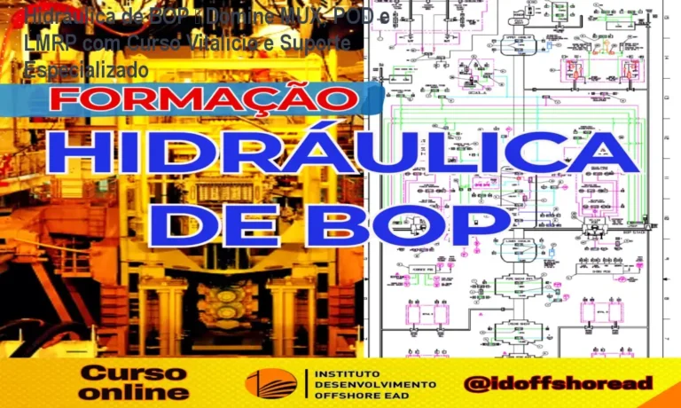 Imagem do curso online de Hidráulica de BOP mostrando telas de aulas e diagramas hidráulicos aplicados ao offshore
