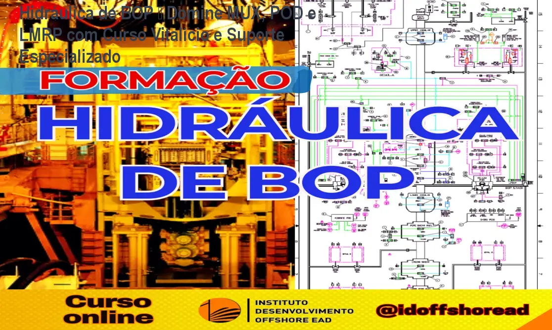 Imagem do curso online de Hidráulica de BOP mostrando telas de aulas e diagramas hidráulicos aplicados ao offshore