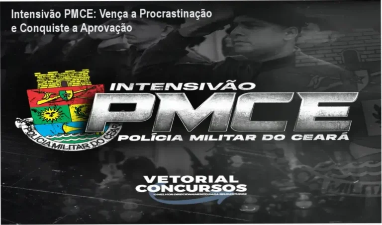 Imagem do Intensivão PMCE mostrando material de estudo, PDFs mágicos e ferramentas de foco para aprovação na Polícia Militar do Ceará