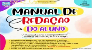 Capa do Manual de Redação do Aluno mostrando guia passo a passo para ENEM e concursos