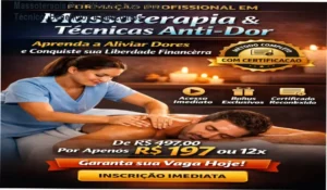 Imagem promocional da Formação Profissional em Massoterapia e Técnicas Anti‑Dor do Prof. Enf. Wendel José com destaque para cupons de desconto