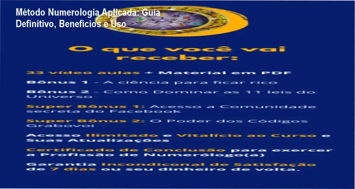 Capa do curso Método Numerologia Aplicada mostrando mapa numerológico e certificado