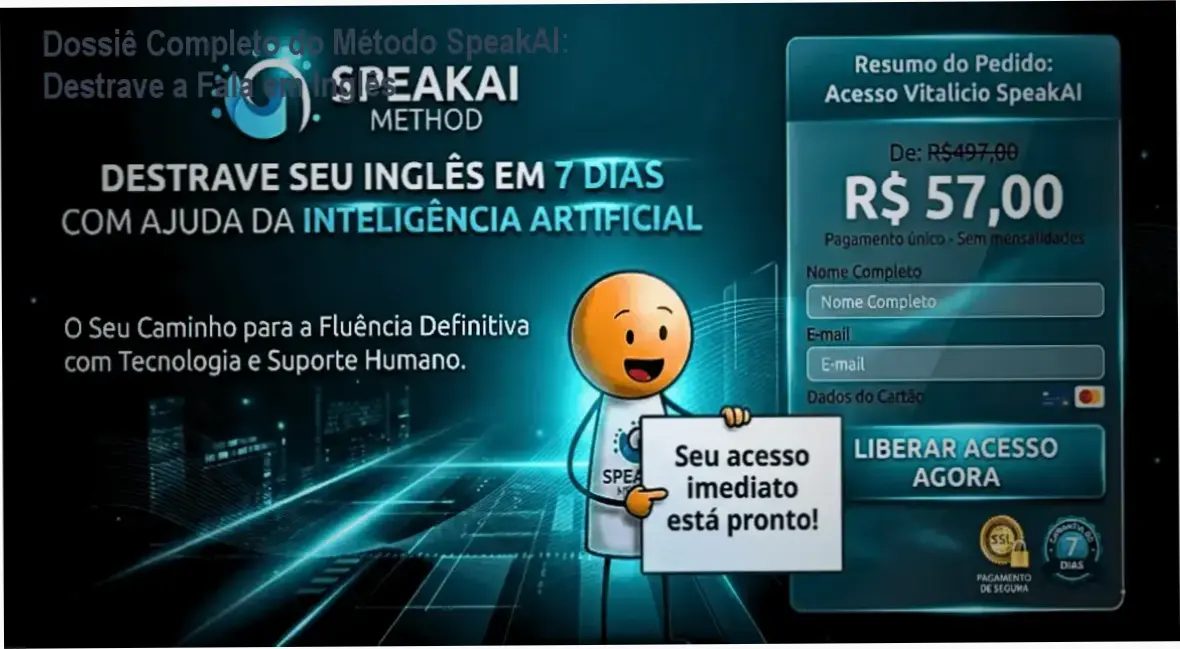 Capa do e‑book do Método SpeakAI mostrando frases práticas para conversar em inglês