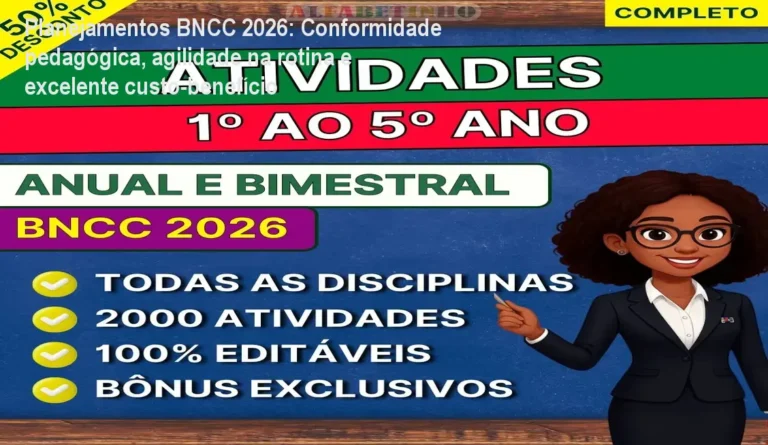 Imagem do material Planejamentos BNCC 2026 sendo usado por um professor para preparar aulas rapidamente