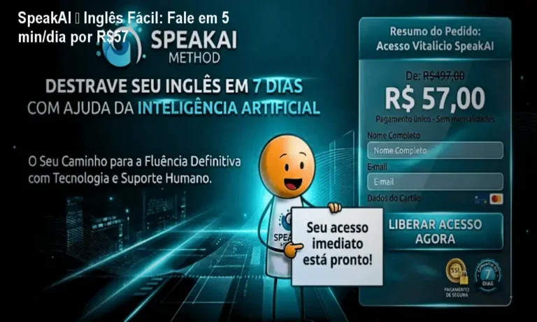 Tela do curso SpeakAI mostrando frases práticas e exercícios de pronúncia para falar inglês rapidamente