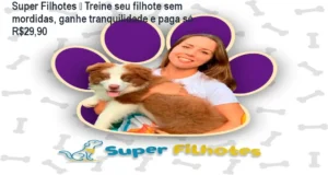 Cão filhote bem educado ao lado da tela exibindo o curso Super Filhotes de Marina Volanski