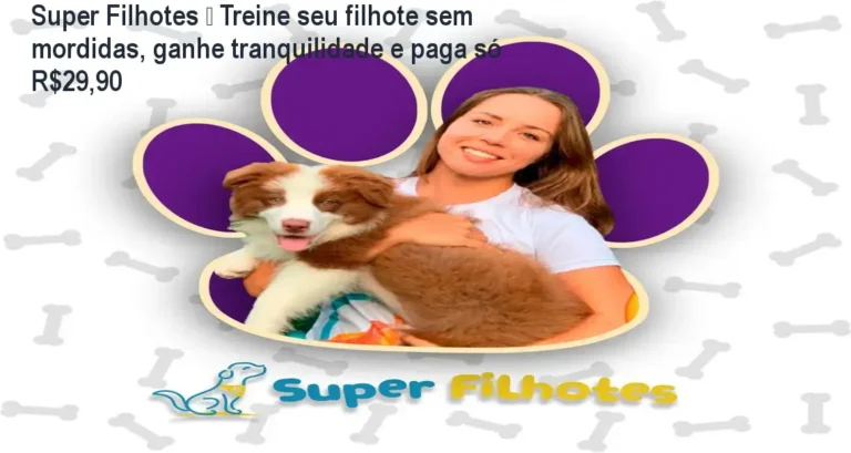 Cão filhote bem educado ao lado da tela exibindo o curso Super Filhotes de Marina Volanski