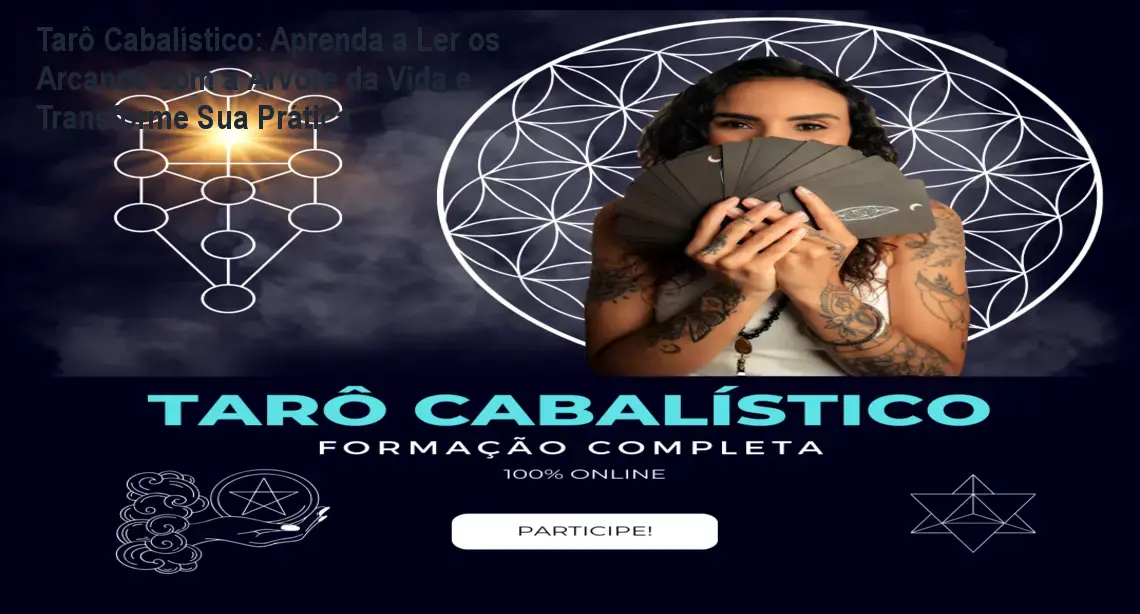 Imagem do curso Tarô Cabalístico mostrando a Árvore da Vida e cartas de tarô em uso prático