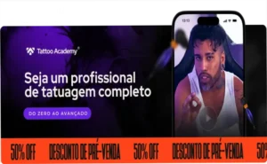 Tela do curso Tattoo Academy mostrando aulas e comunidade para iniciantes sem experiência artística