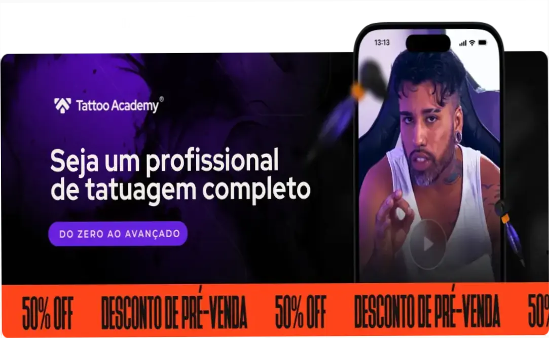 Tela do curso Tattoo Academy mostrando aulas e comunidade para iniciantes sem experiência artística