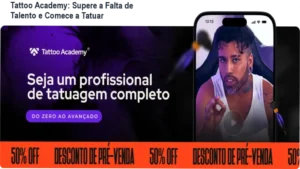 Tela do curso Tattoo Academy mostrando módulos de aprendizado de tatuagem para iniciantes