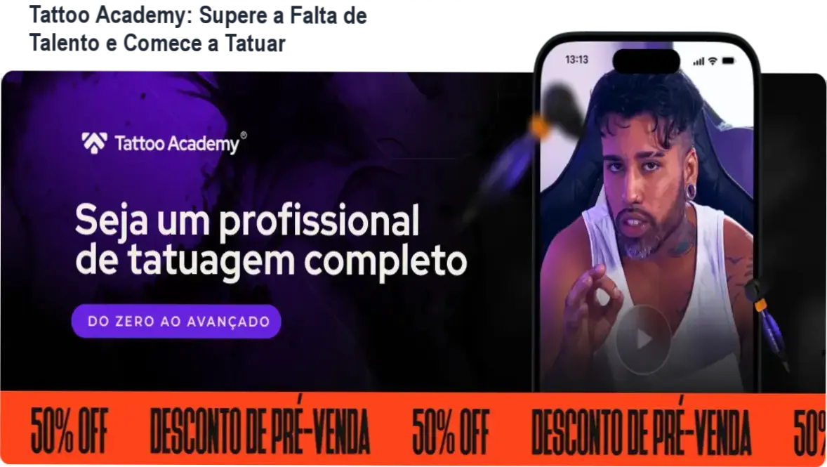 Tela do curso Tattoo Academy mostrando módulos de aprendizado de tatuagem para iniciantes