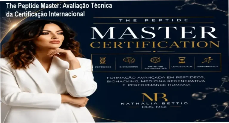 Capa da certificação The Peptide Master de Dra. Nathalia Bettio, evidenciando aulas avançadas e certificado internacional